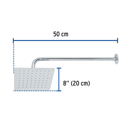 Regadera cuadrada 8', acero inox, con brazo, cromo, TÚBIG