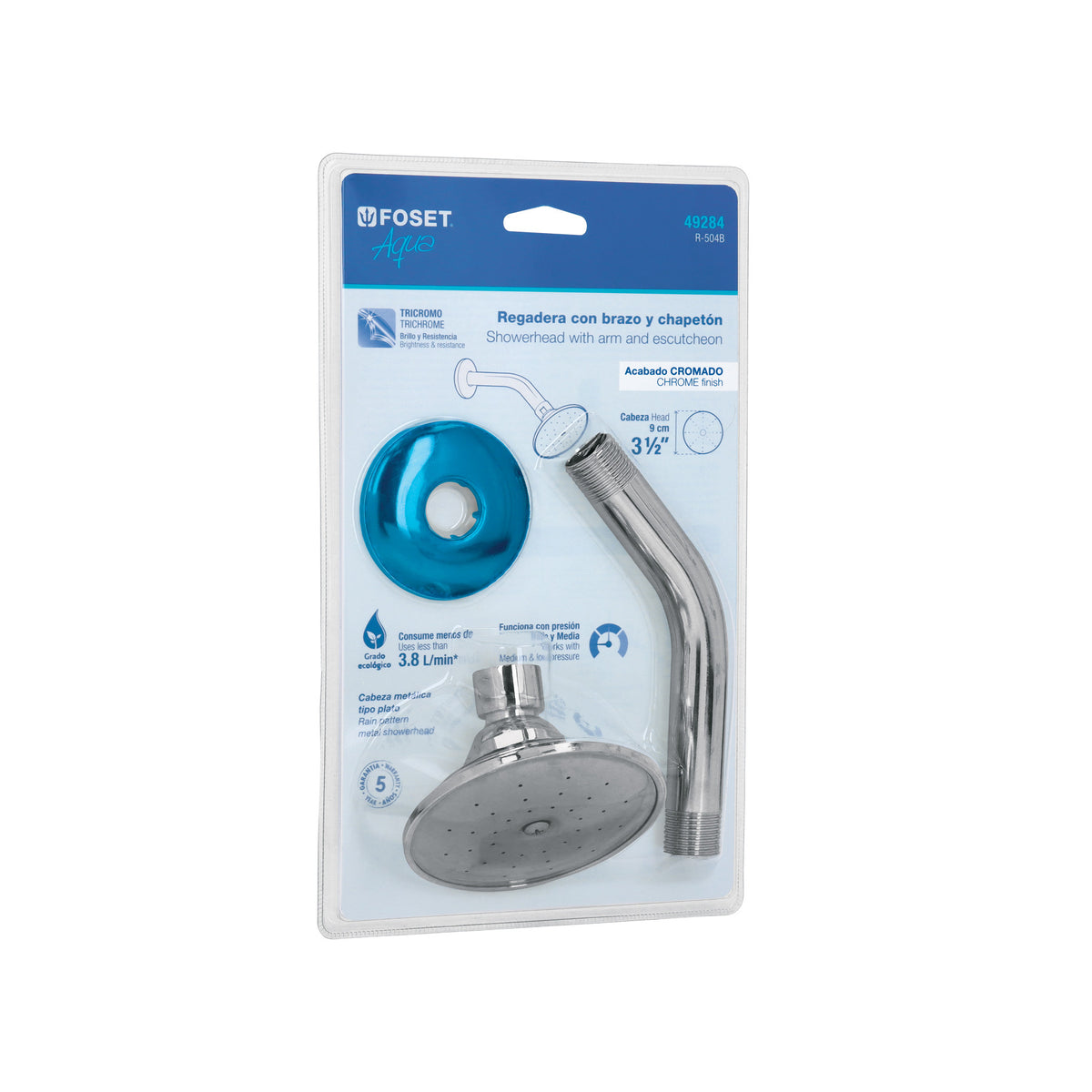 Regadera redonda 3-1/2" metalica brazo y chapeton blister