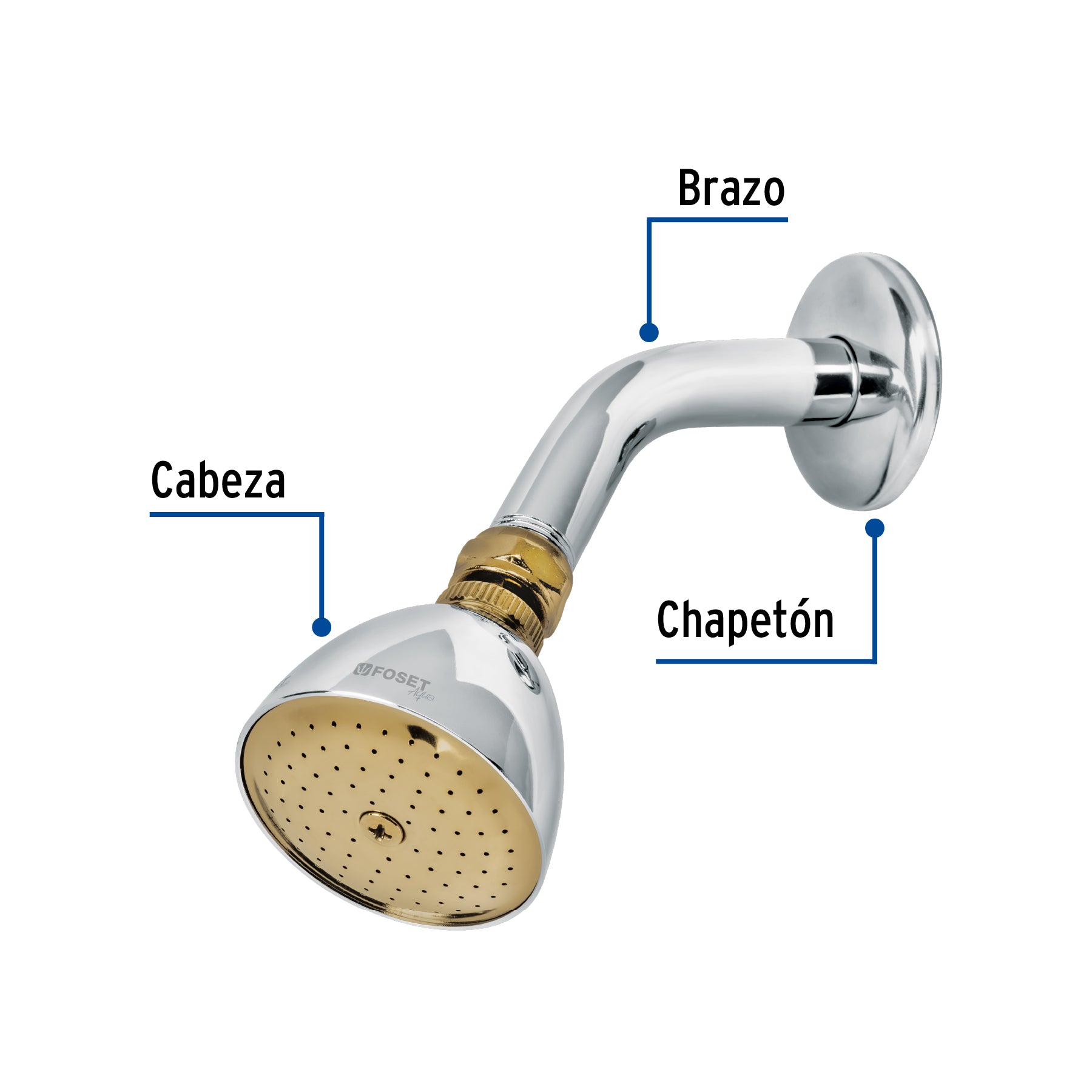Regadera conica 2-1/2"metalica brazo y chapeton cromo-oro