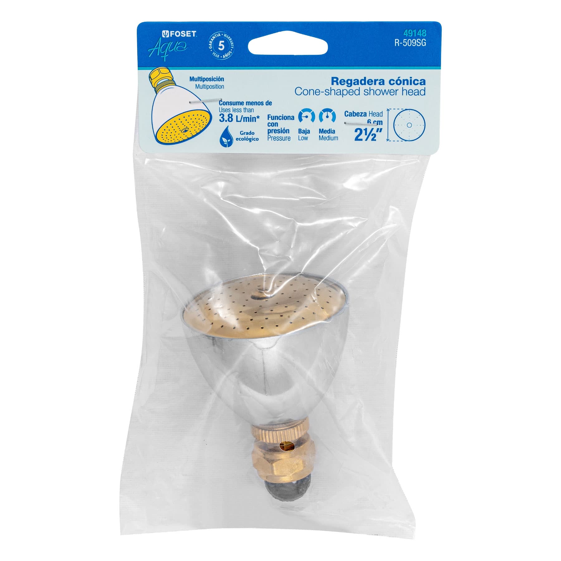 Regadera conica 2-1/2" metalica sin brazo cromo-oro AQUA