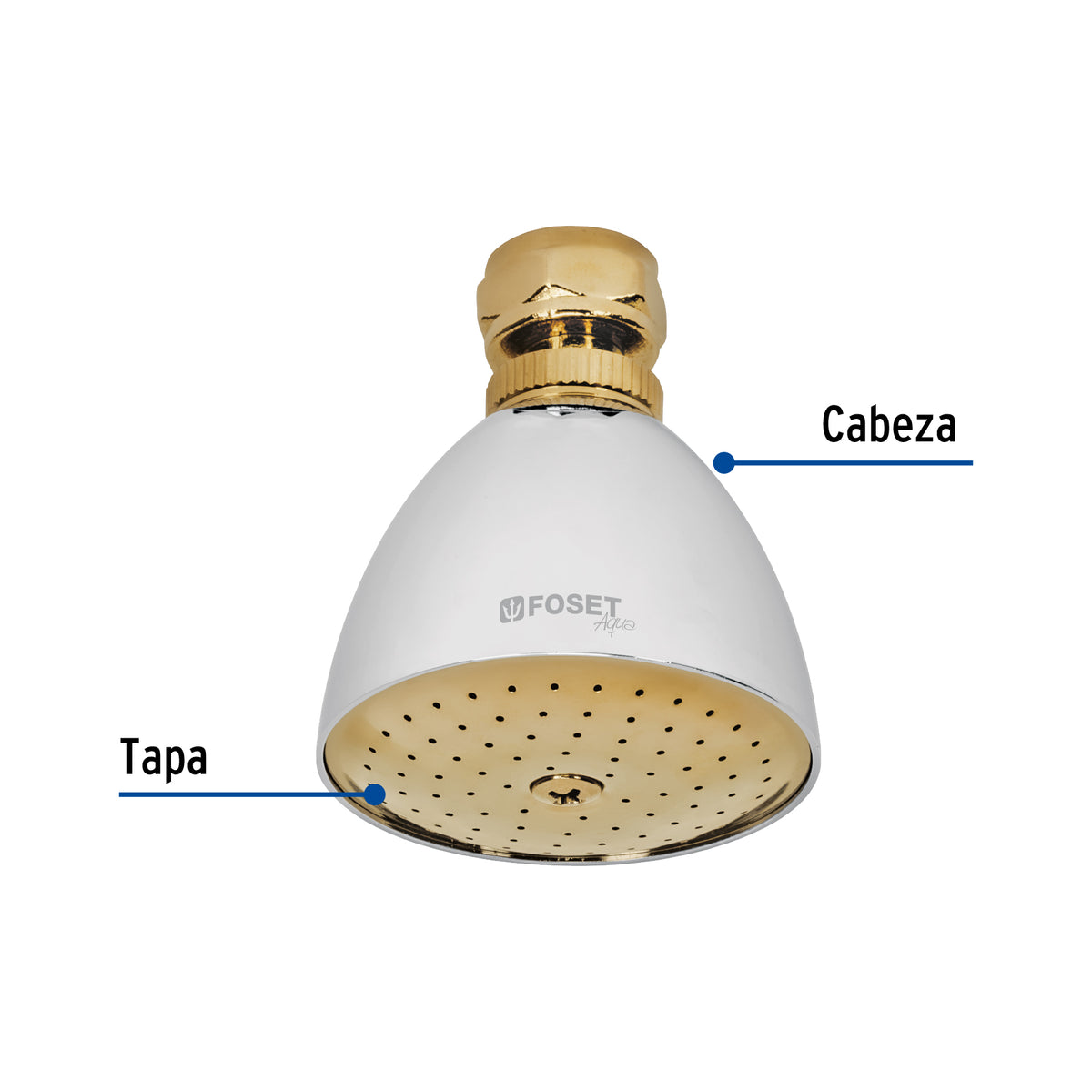 Regadera conica 2-1/2" metalica sin brazo cromo-oro AQUA