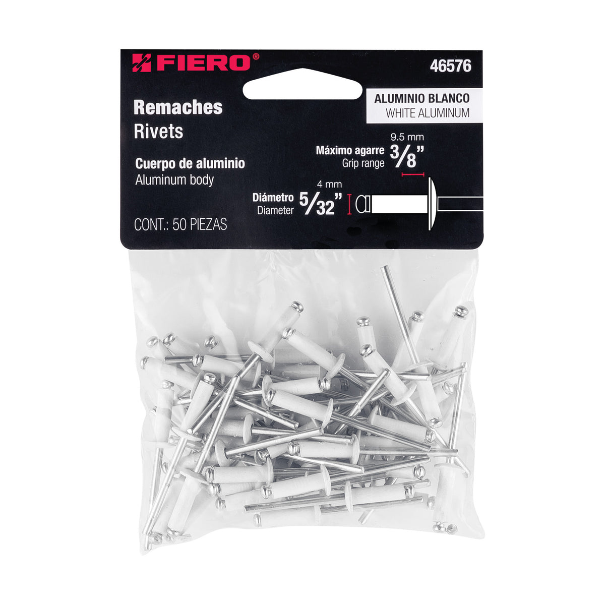 Bolsa c/50 remaches 5/32"x3/8" blancos aluminio ala 5/16"