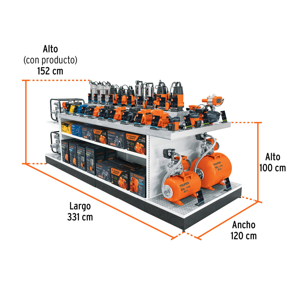 Mueble exhibidor con bombas de agua