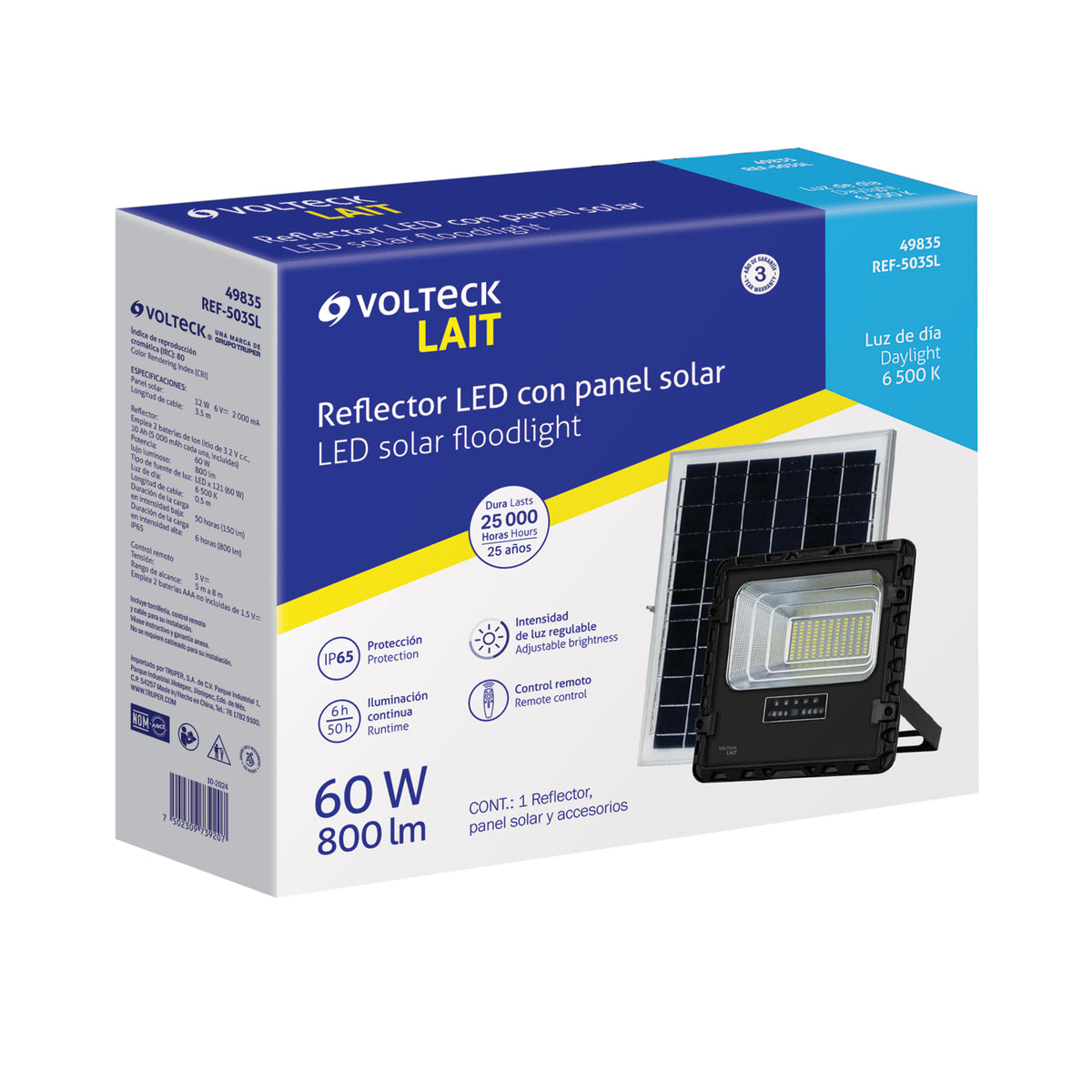 Reflector LED con panel solar 60W 6500K, VOLTECK