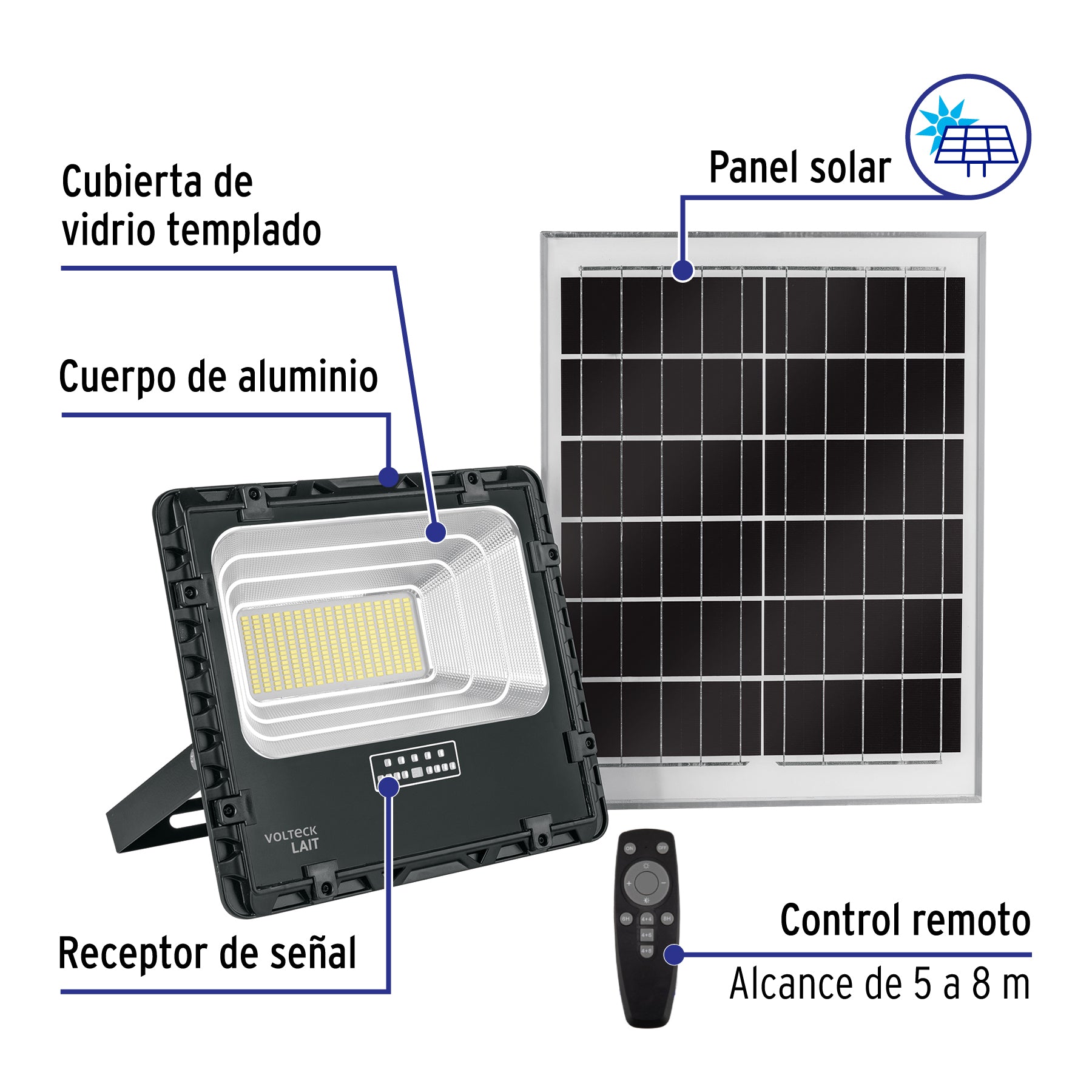 Reflector LED con panel solar 200W 6500K, VOLTECK