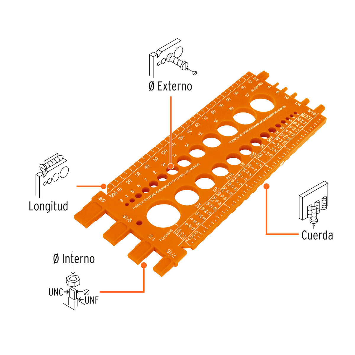 Regleta medidora de tuercas y tornillos, std y mm, TRUPER