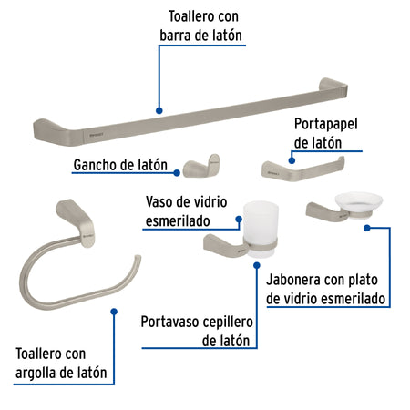 Juego de 6 accesorios para bano acabado satin RIVIERA