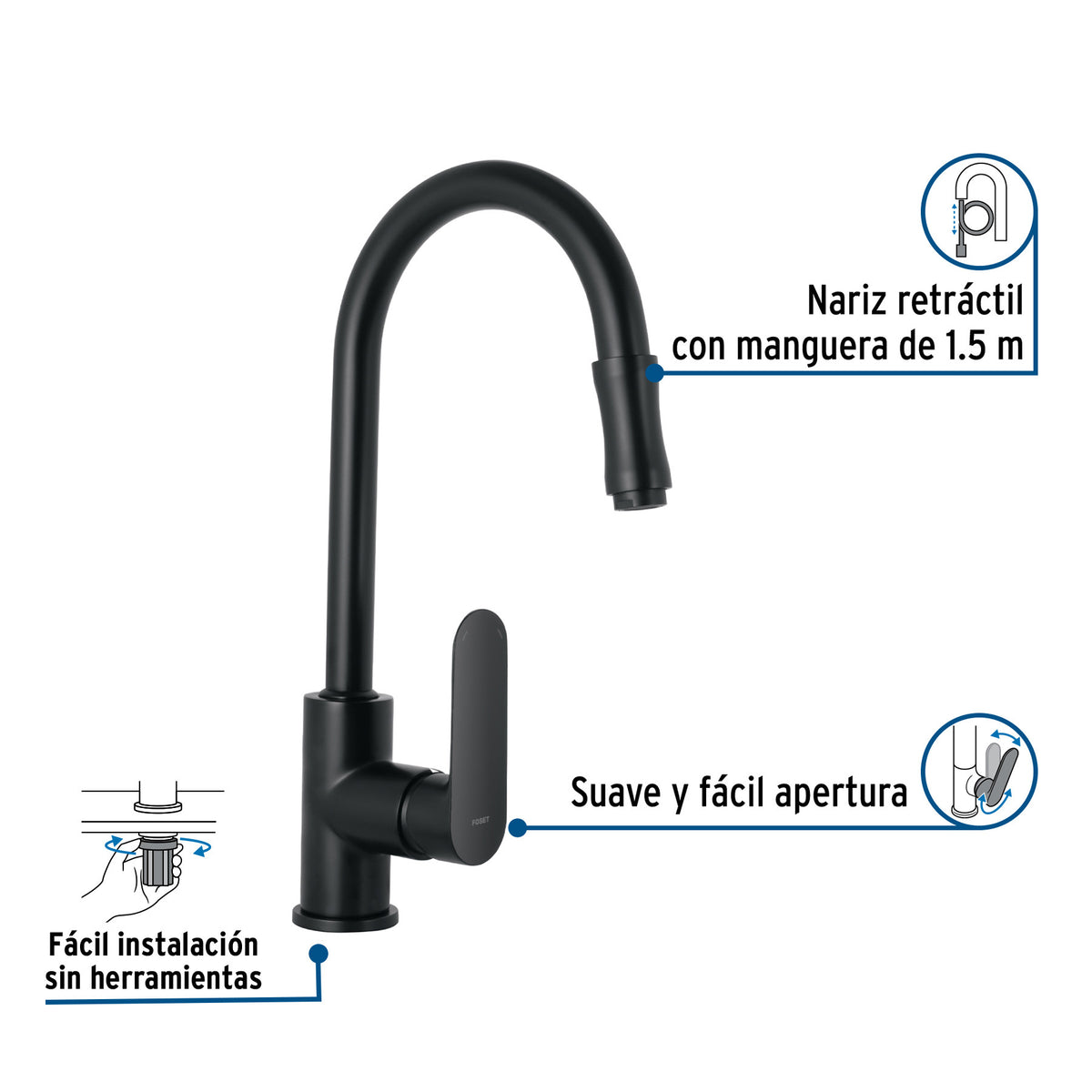 Monomando retráctil para fregadero, negro, FOSET RIVIERA