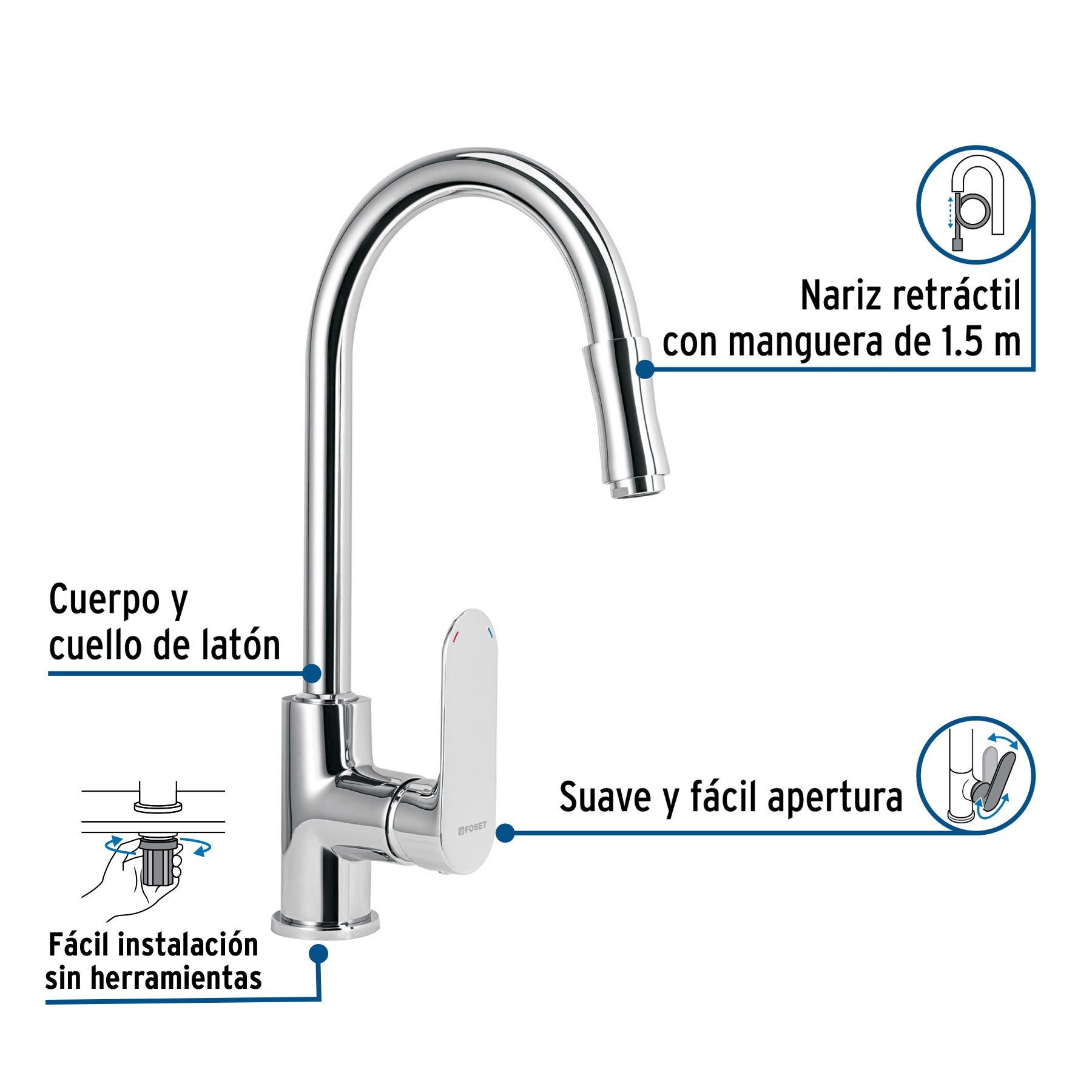 Monomando retractil para fregadero cromo FOSET RIVIERA