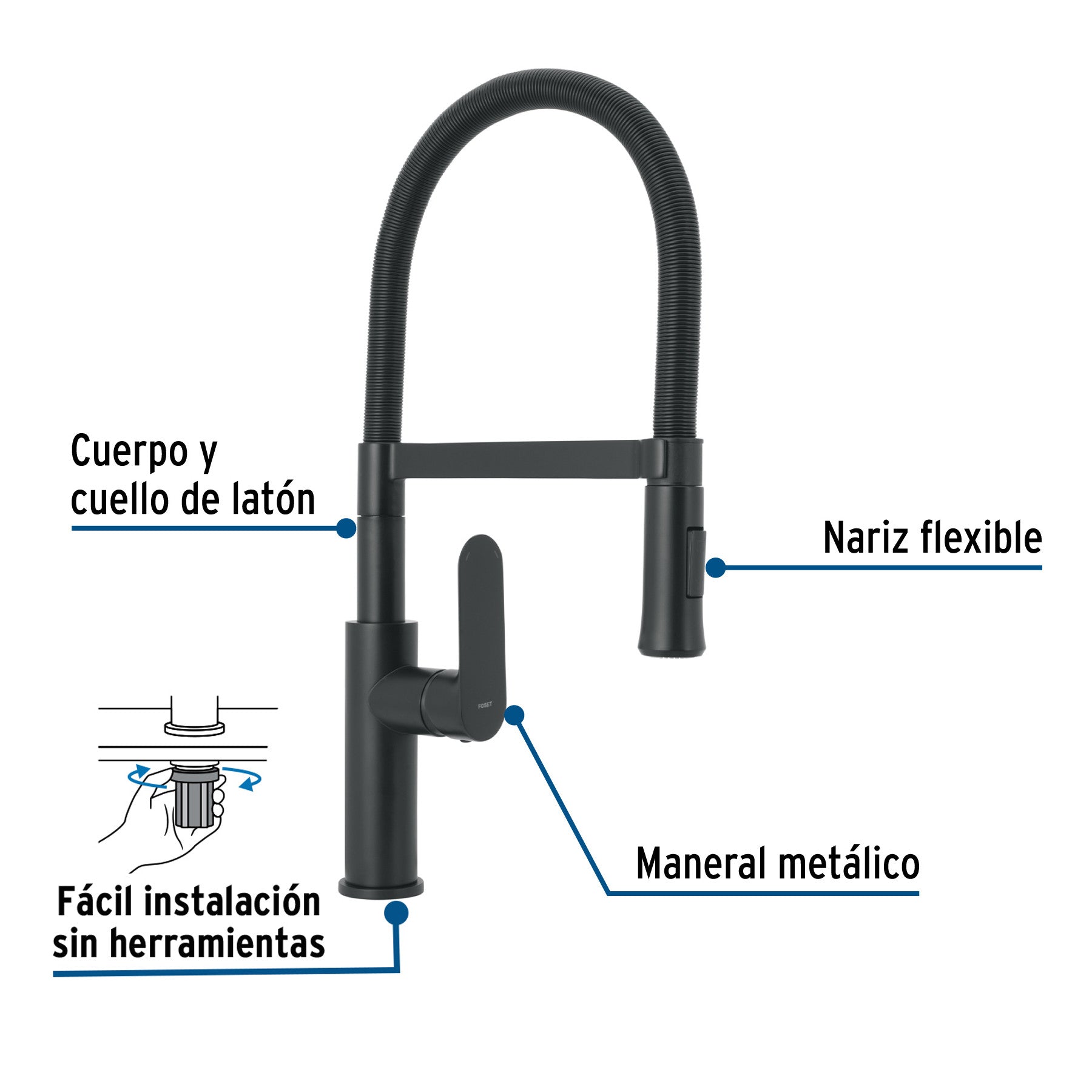 Monomando nariz flexible para fregadero, negro,FOSET RIVIERA