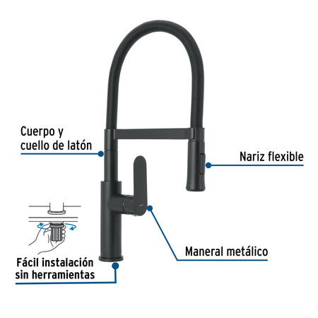 Monomando nariz flexible para fregadero, negro,FOSET RIVIERA
