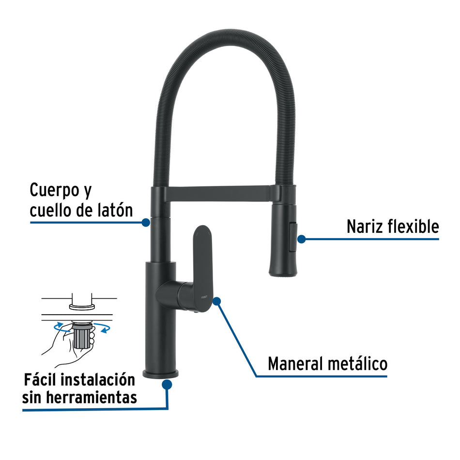 Monomando nariz flexible para fregadero, negro,FOSET RIVIERA