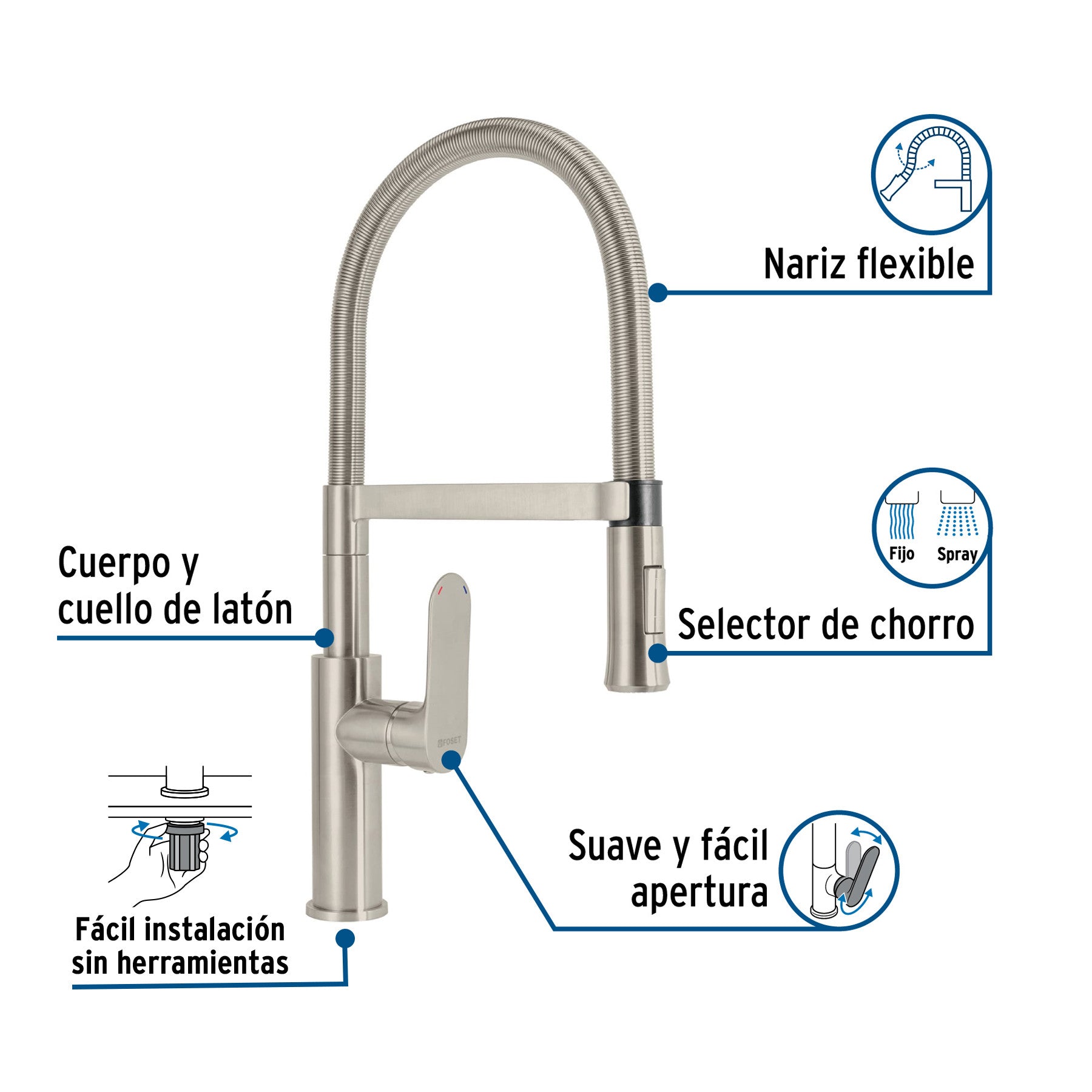 Monomando nariz flexible para fregadero satinFOSET RIVIERA