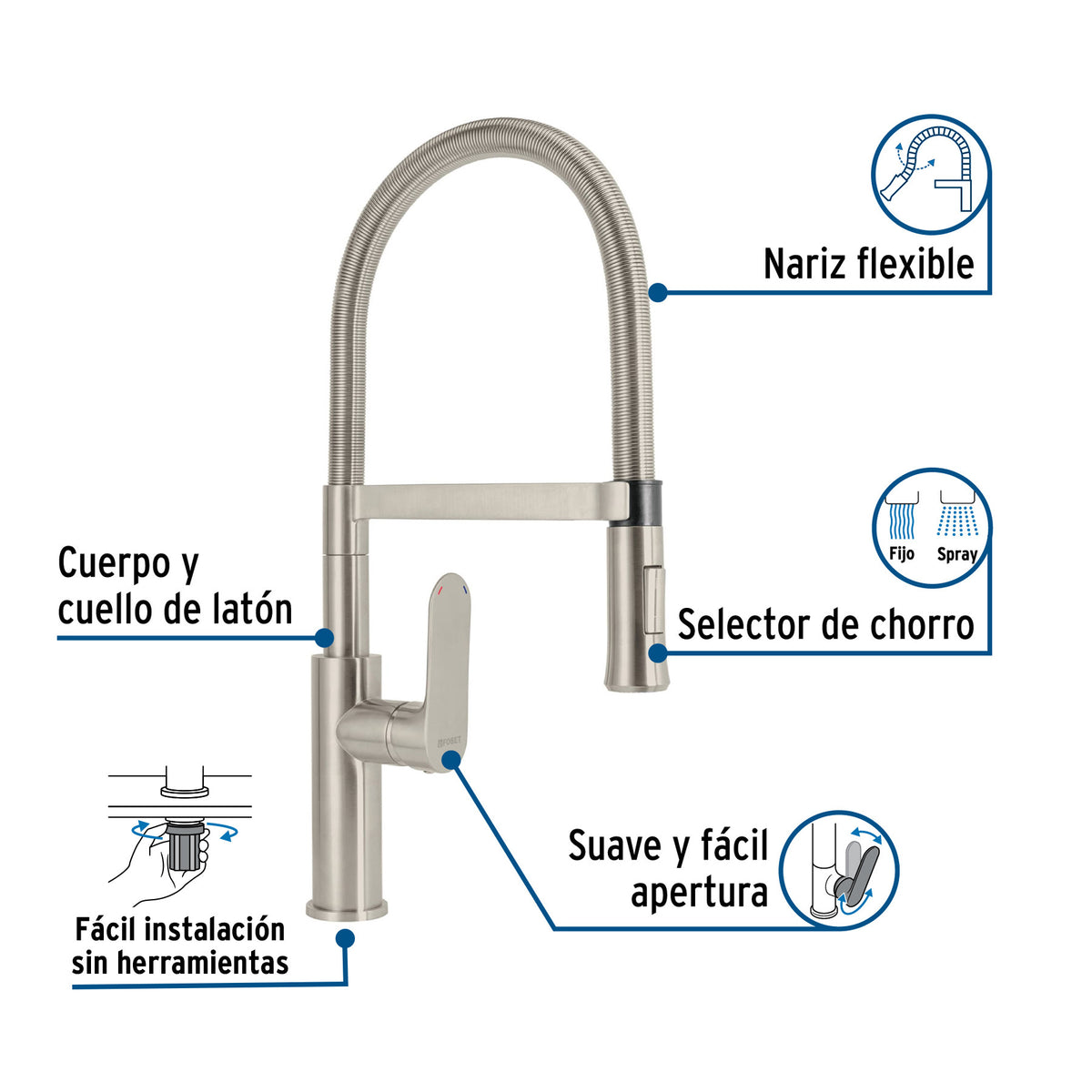 Monomando nariz flexible para fregadero satinFOSET RIVIERA