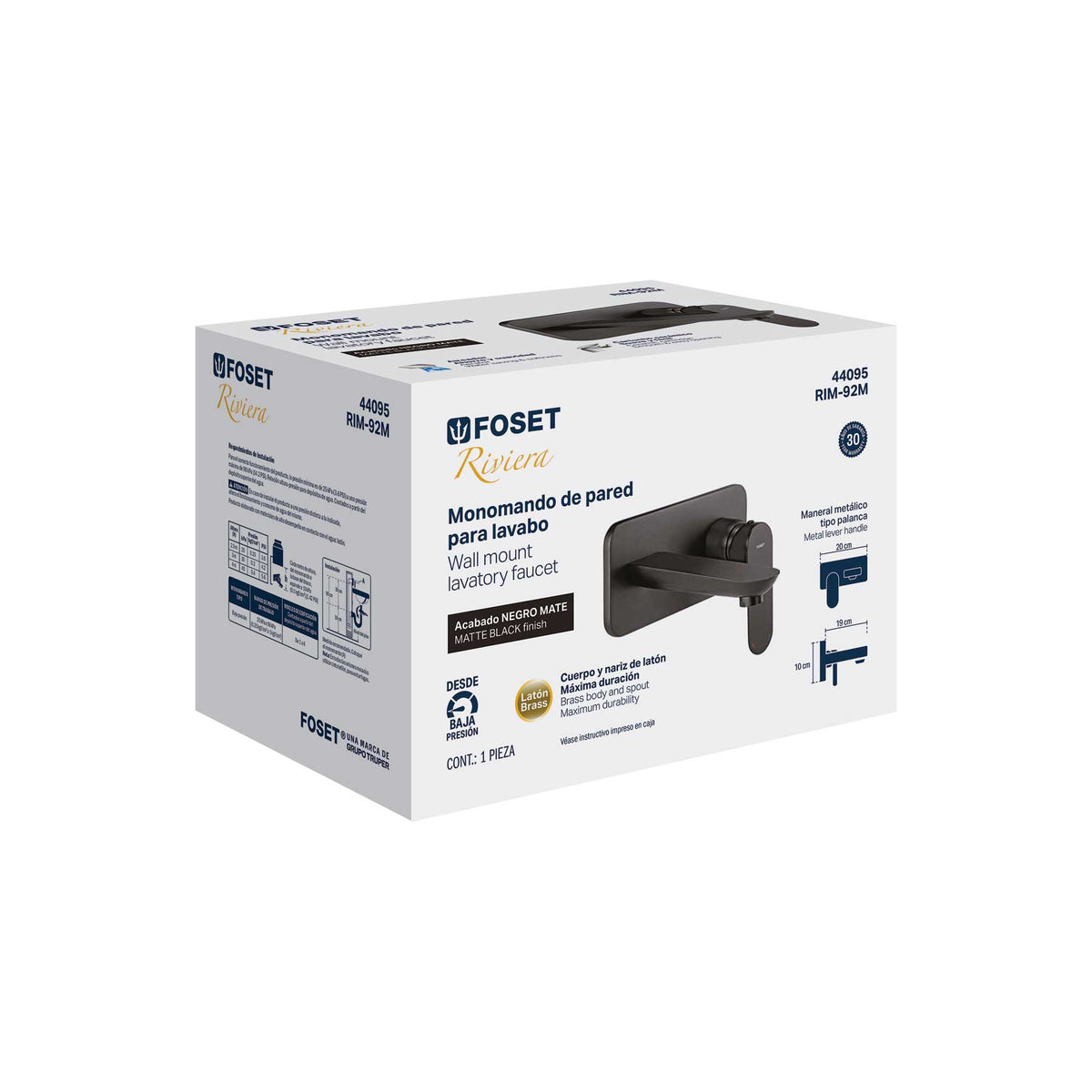 Monomando a pared para lavabo, negro, FOSET RIVIERA