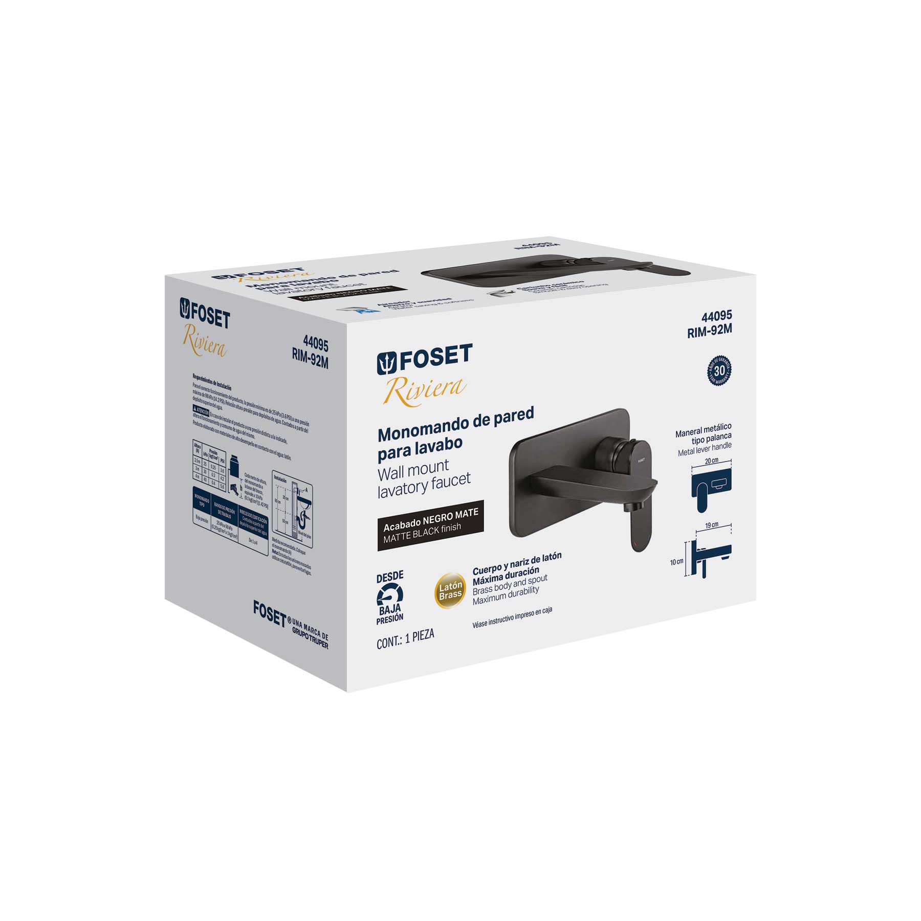 Monomando a pared para lavabo, negro, FOSET RIVIERA