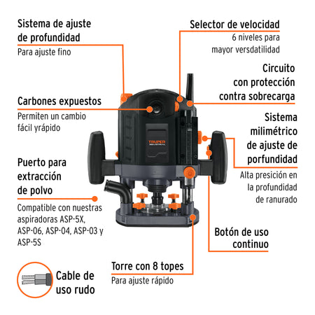 Router (Rebajadora) 1440W, 2 HP, TRUPER INDUSTRIAL