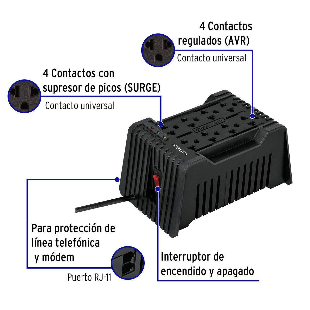 Regulador de voltaje de 1200 VA / 600 W 8 contactos Volteck