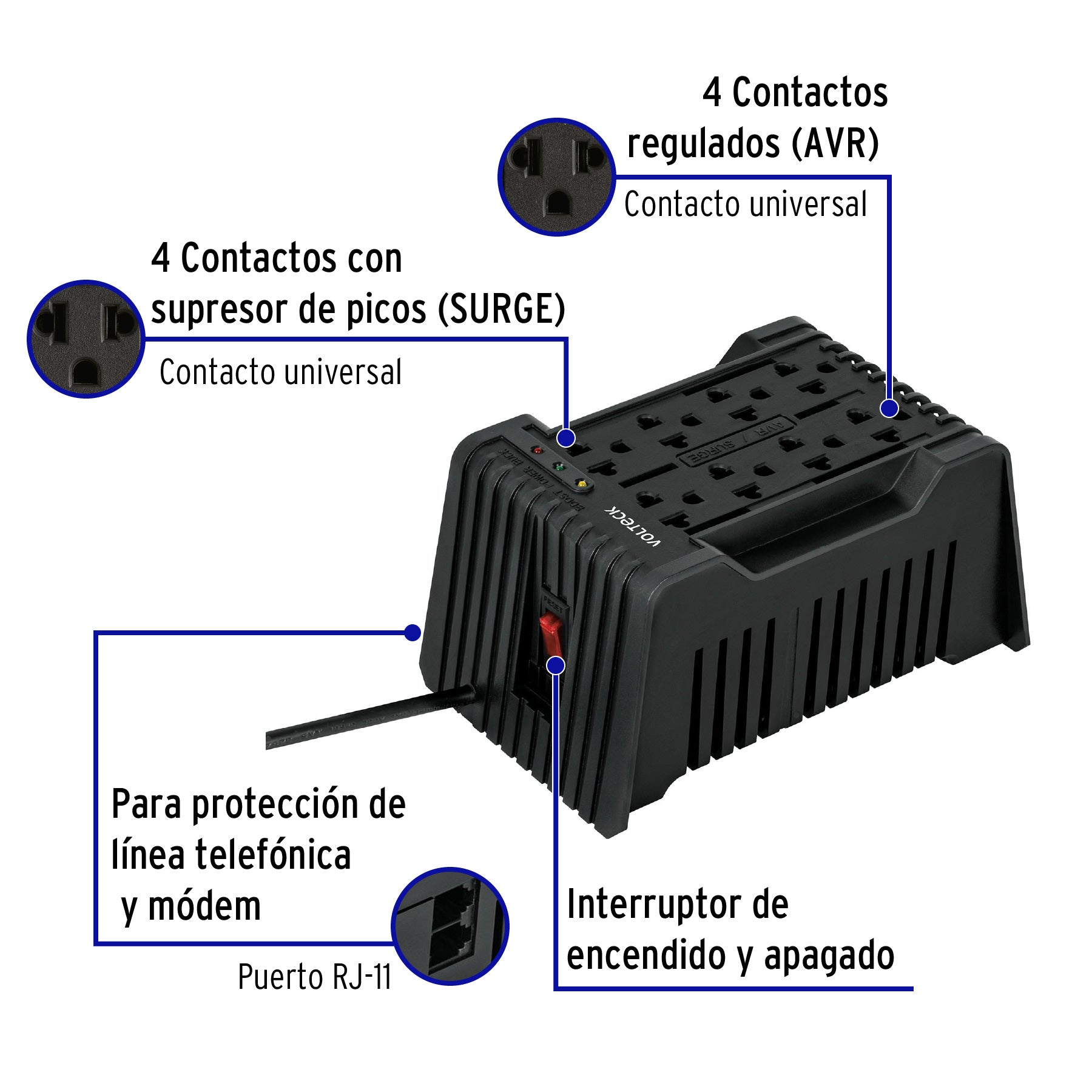 Regulador de voltaje de 1200 VA / 600 W 8 contactos Volteck