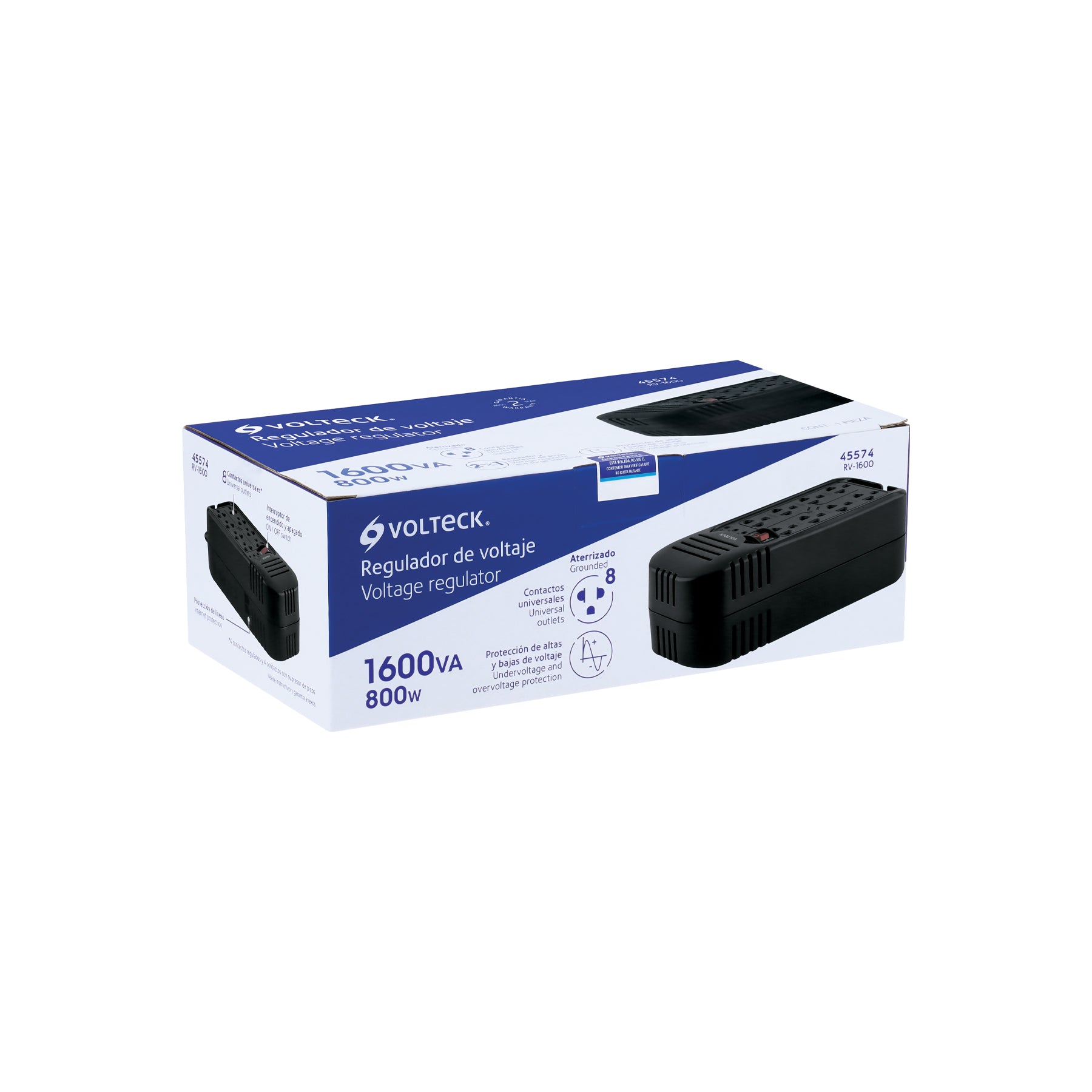 Regulador de voltaje de 1600 VA / 800 W 8 contactos Volteck
