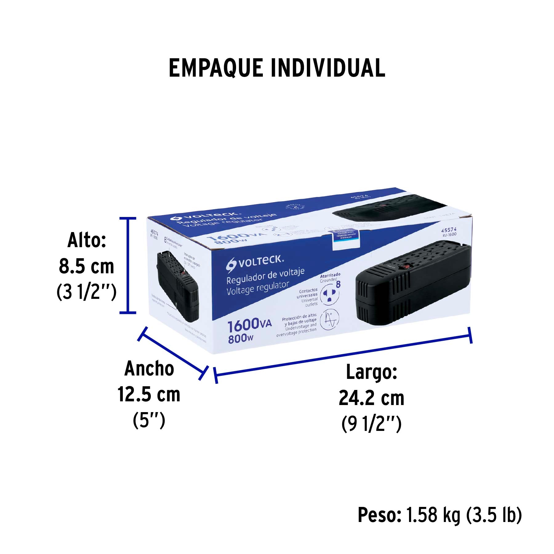 Regulador de voltaje de 1600 VA / 800 W 8 contactos Volteck