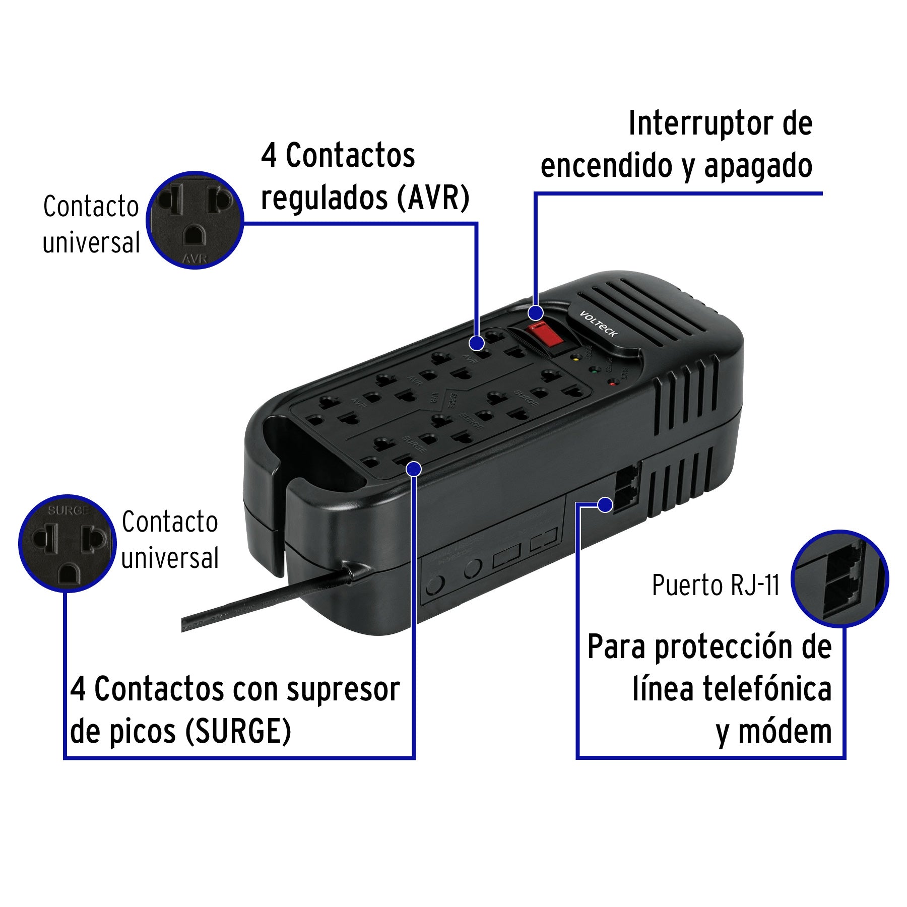 Regulador de voltaje de 1600 VA / 800 W 8 contactos Volteck