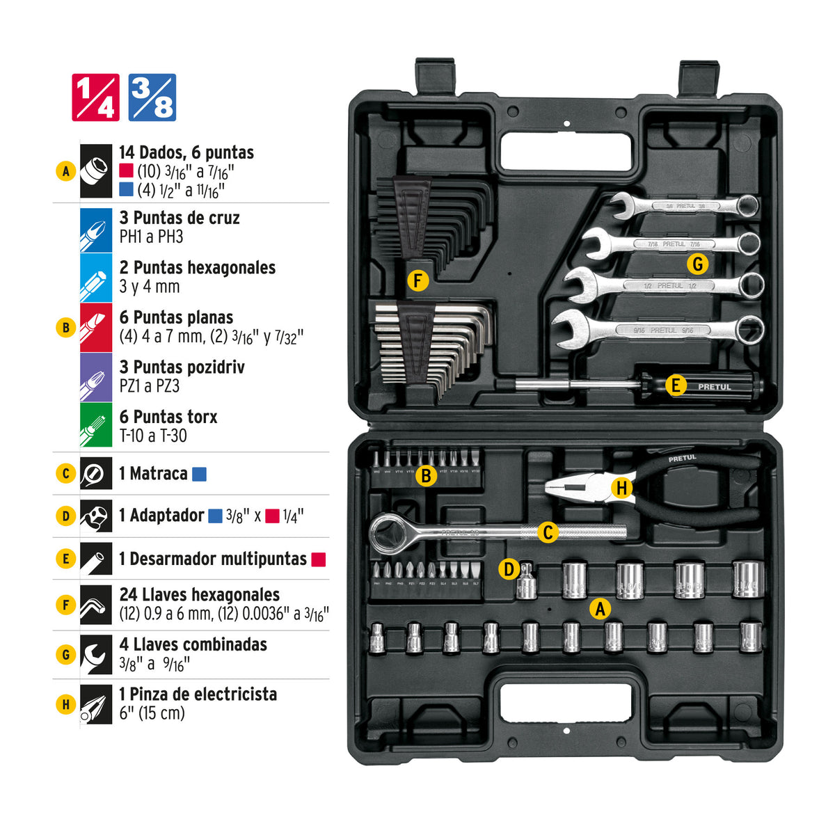 Juego de 66 herramientas 1/4' y 3/8' para mecánico, Pretul