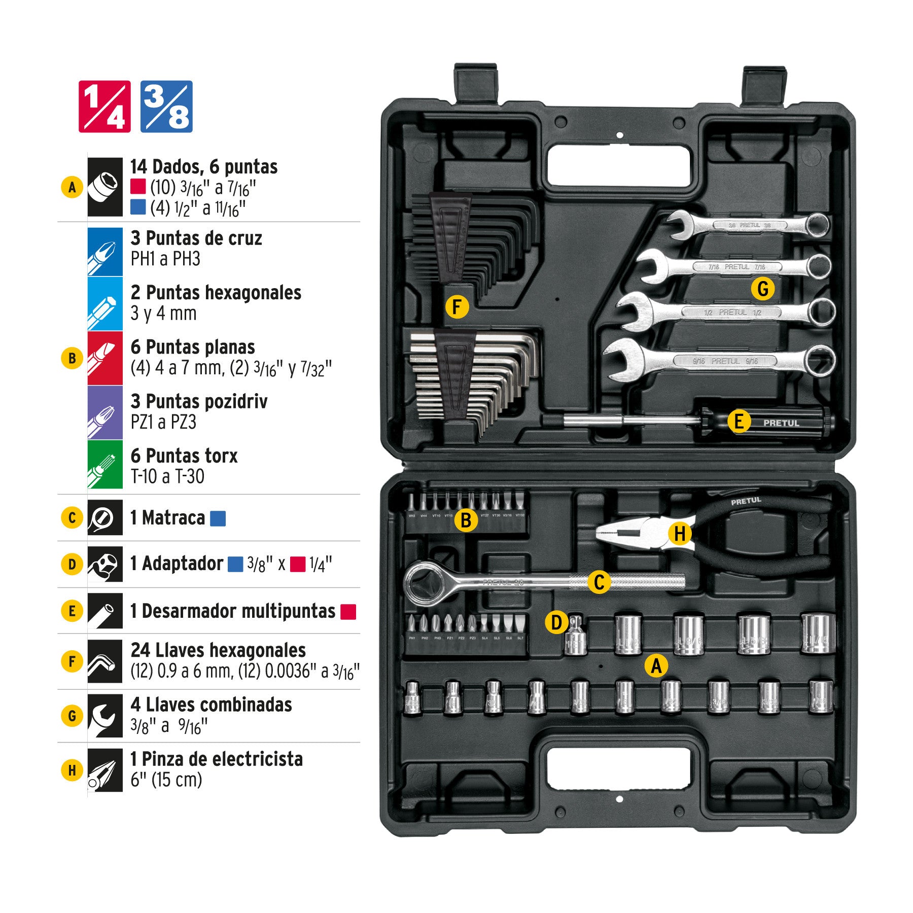 Juego de 66 herramientas 1/4' y 3/8' para mecánico, Pretul