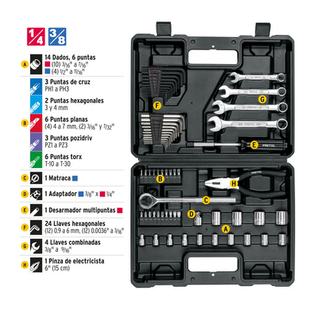 Juego de 66 herramientas 1/4' y 3/8' para mecánico, Pretul