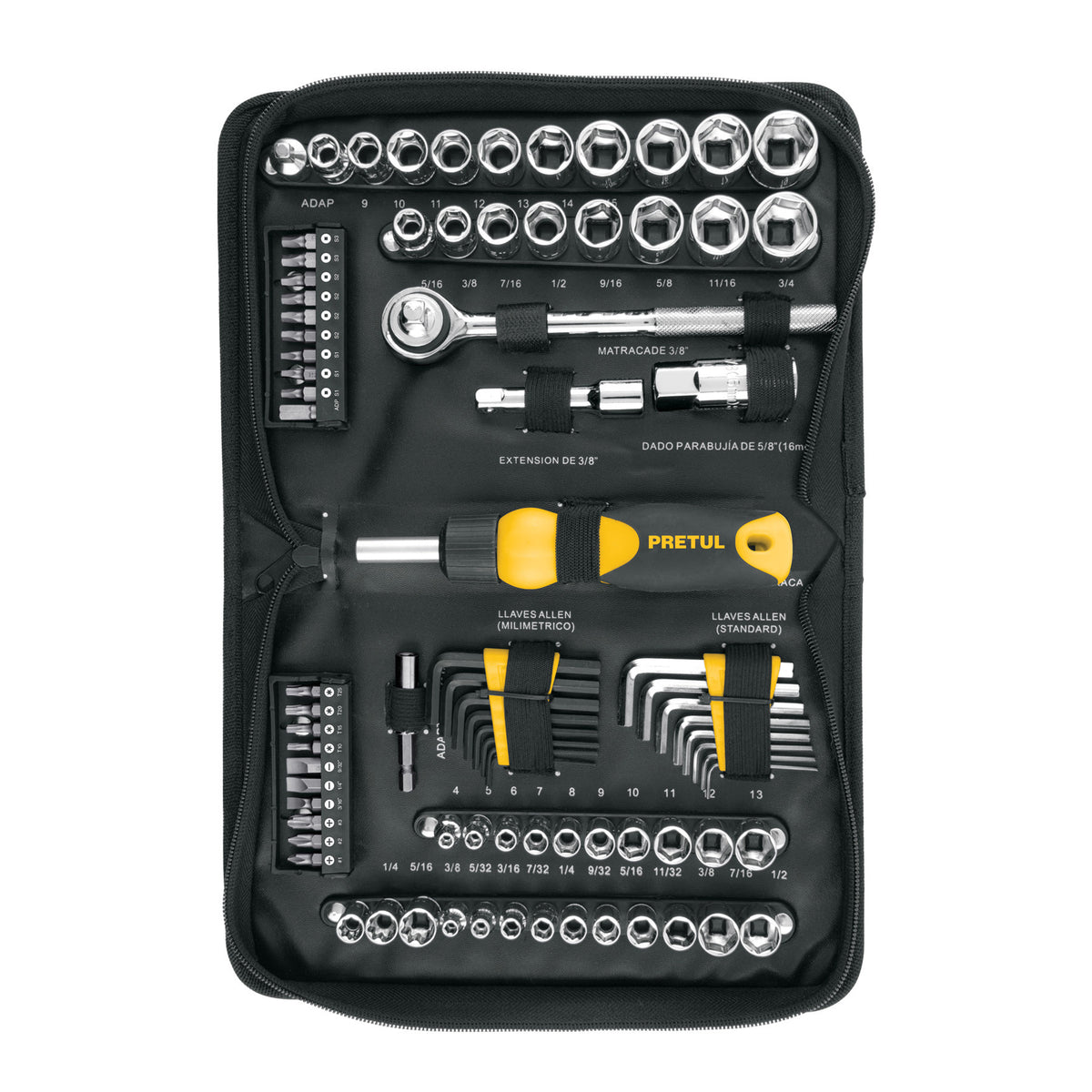 Juego de 83 herramientas 1/4" y 3/8" para mecanico Pretul