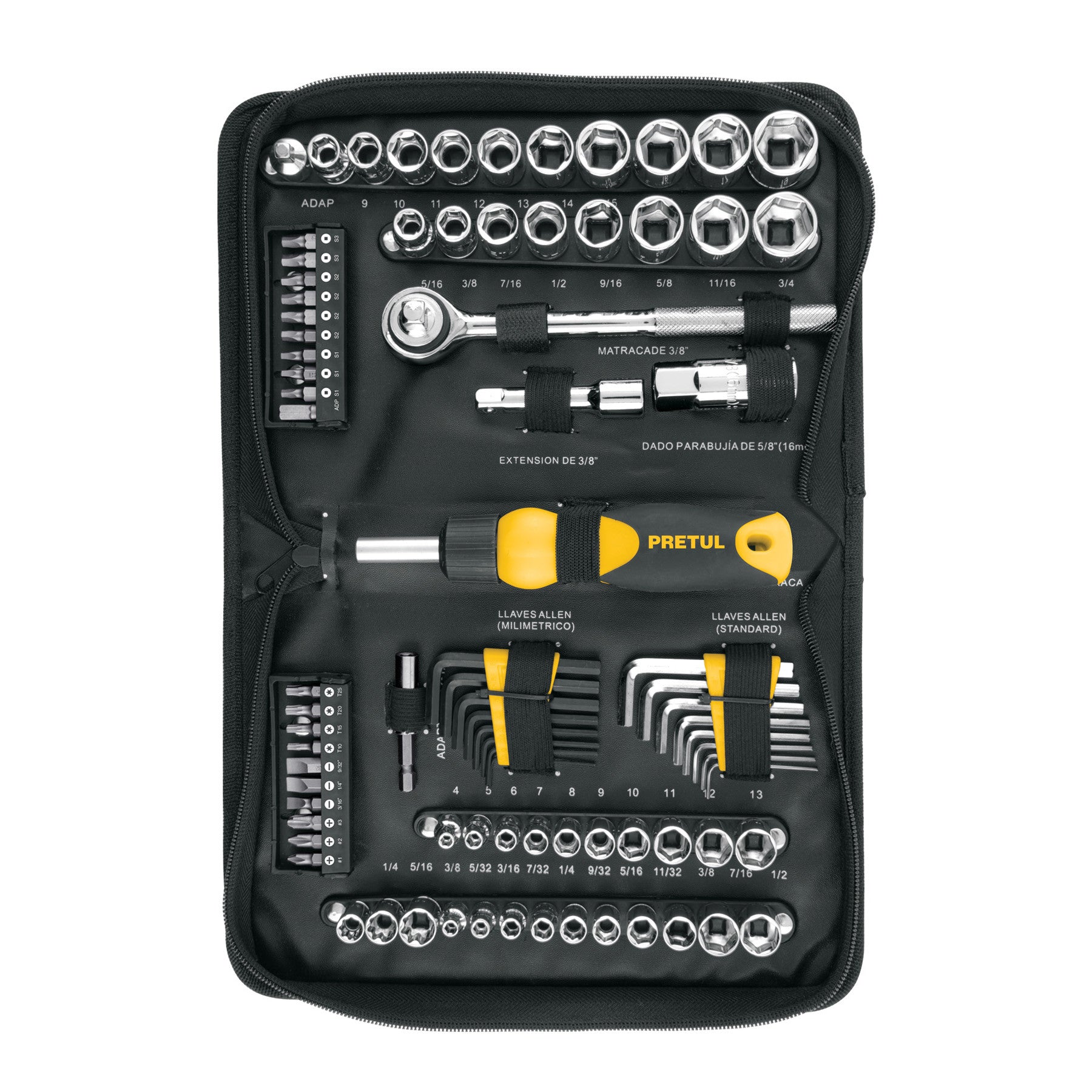 Juego de 83 herramientas 1/4" y 3/8" para mecanico Pretul