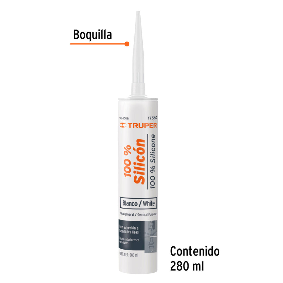 Sellador blanco 100% silicón de 280 ml, Truper 280 ml, blanco