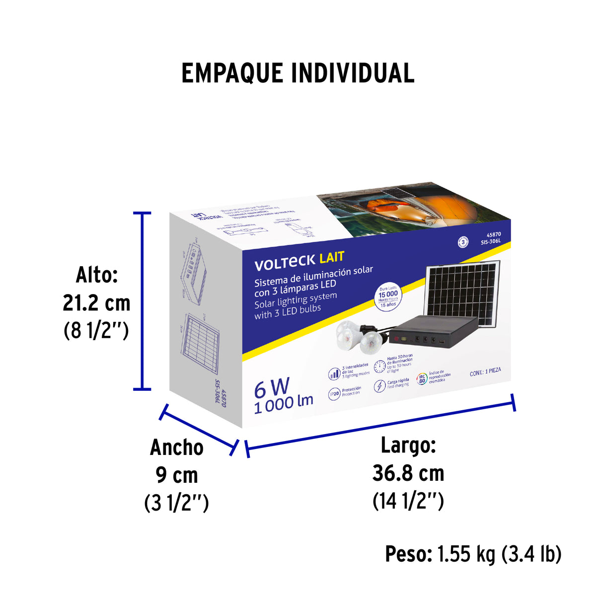 Sistema de iluminación Solar 6 W con 3 lámparas LED, VOLTECK