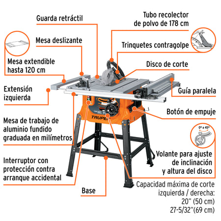 Sierra de mesa 10" 2-1/2 HP (1900 W) con base Truper