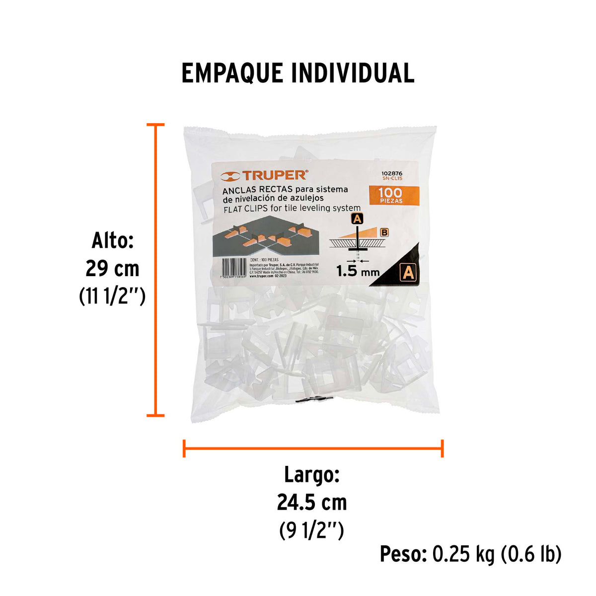 Bolsa con 100 anclas de 1.5 mm, para nivelación de azulejos