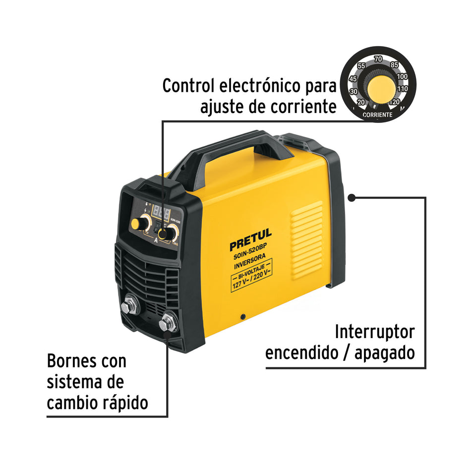 Soldadora inversora 200A, bi-voltaje, Serie 500, PRETUL