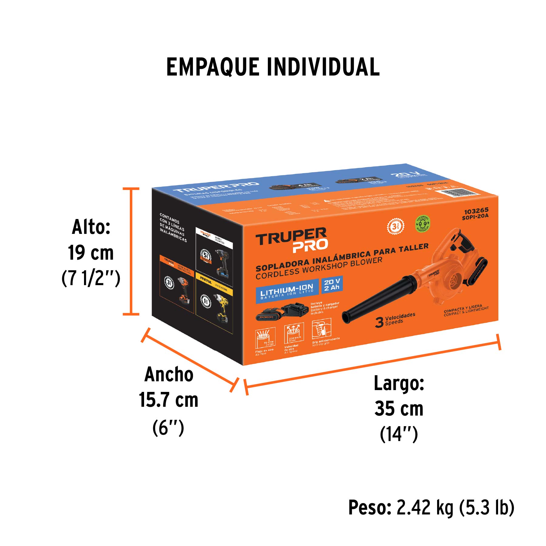 Sopladora para taller 20V 1 bateria 2Ah TRUPER PRO