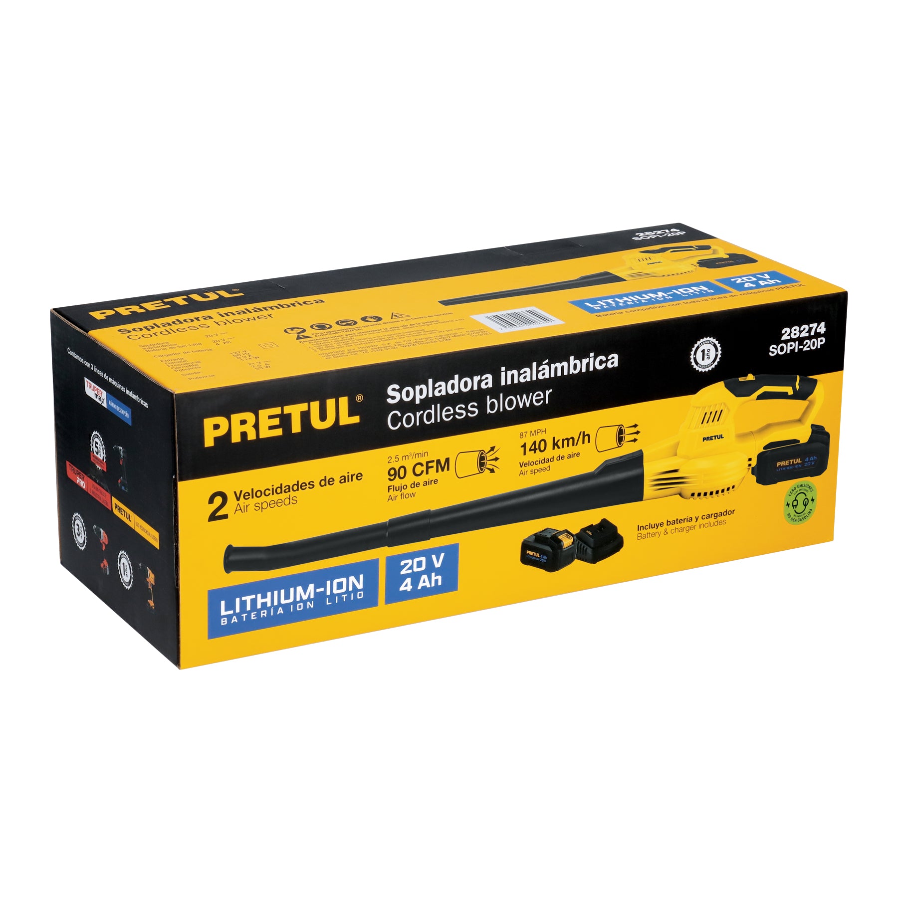 Sopladora inalambrica 20V 1 bateria 4Ah 1 carg. PRETUL