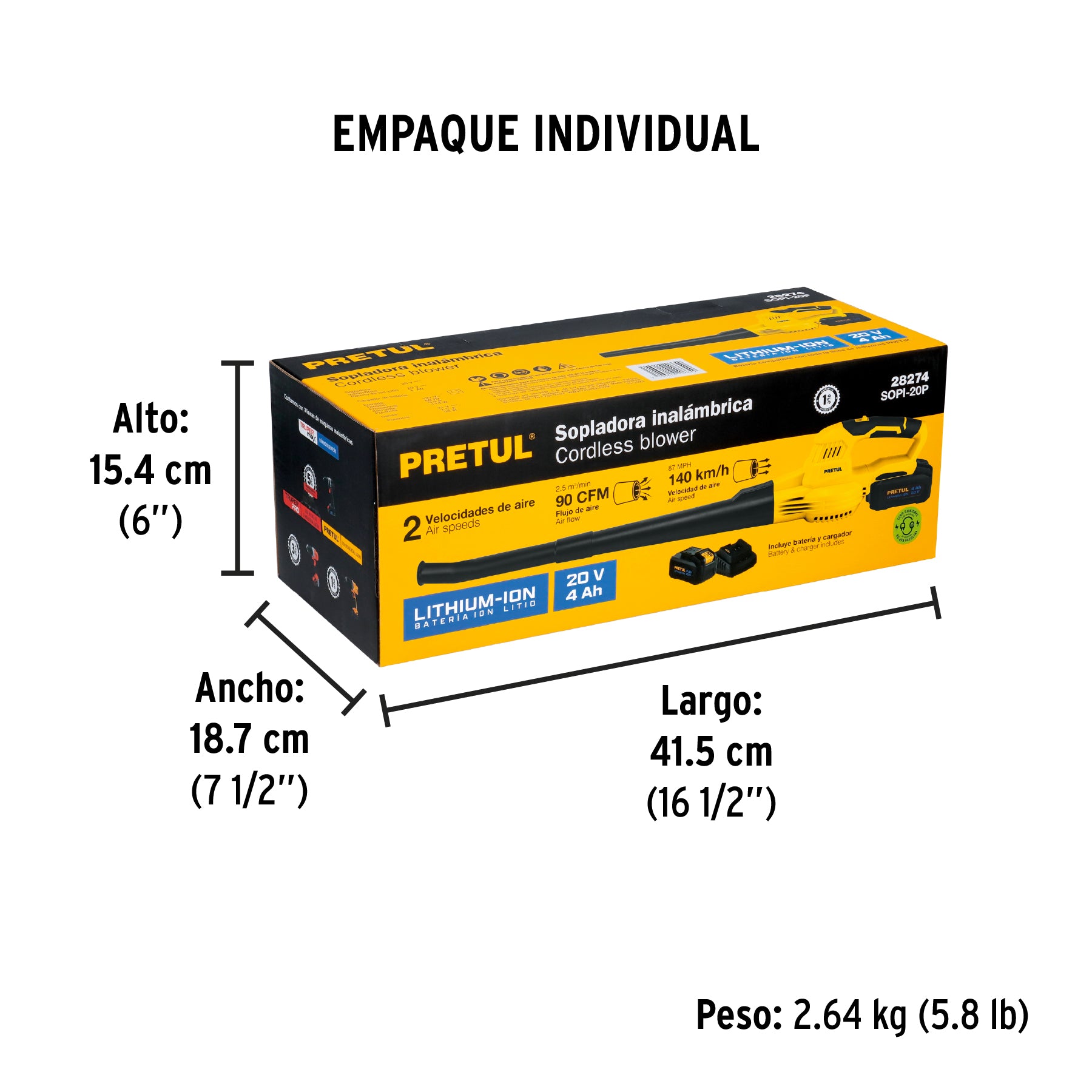 Sopladora inalambrica 20V 1 bateria 4Ah 1 carg. PRETUL