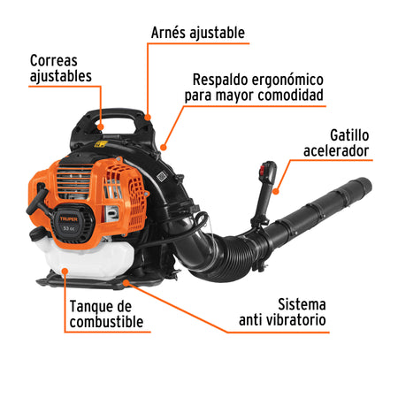 Sopladora con motor de 26cc a gasolina, tipo mochila, Truper