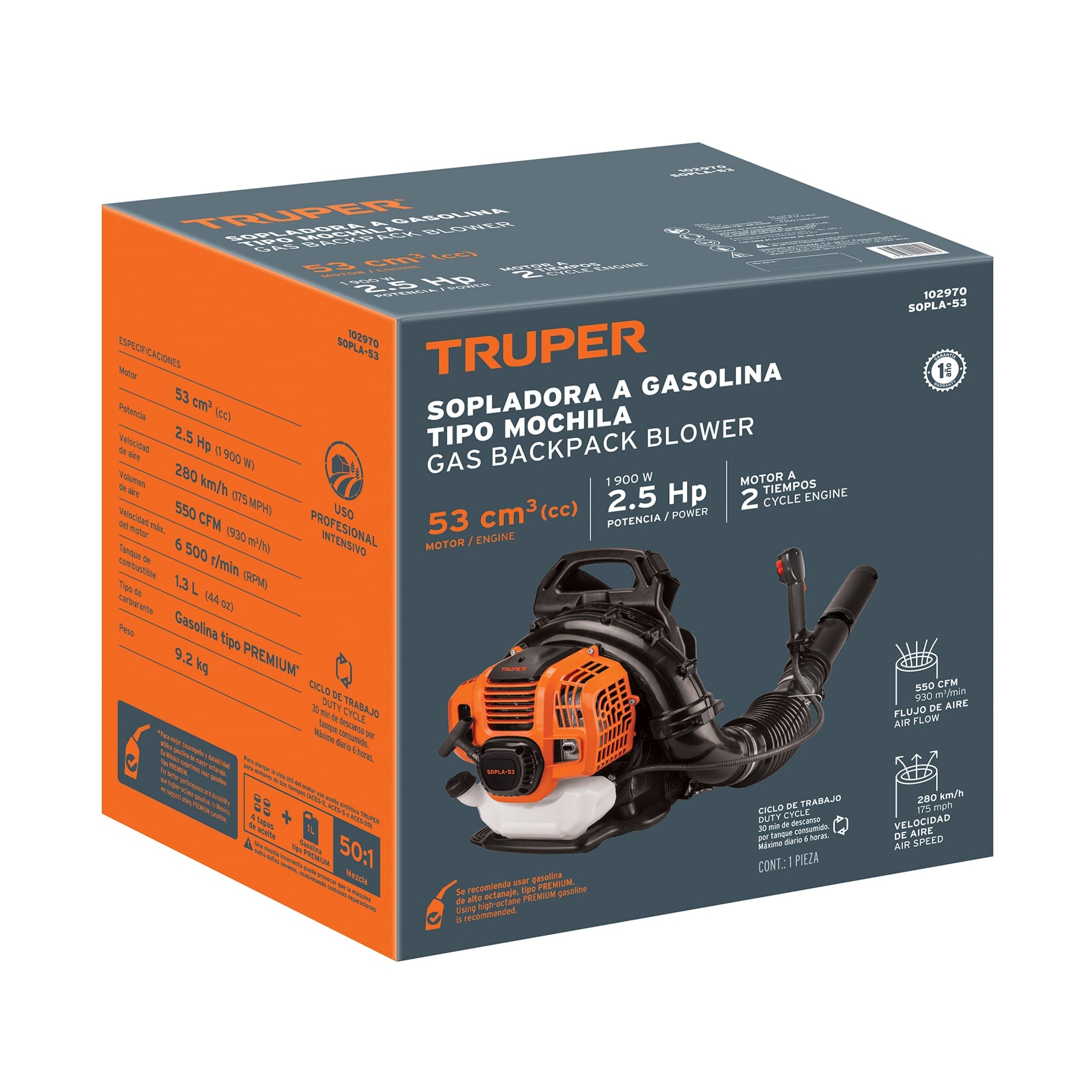 Sopladora con motor de 53cc a gasolina tipo mochila Truper