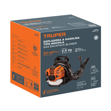 Sopladora con motor de 53cc a gasolina tipo mochila Truper