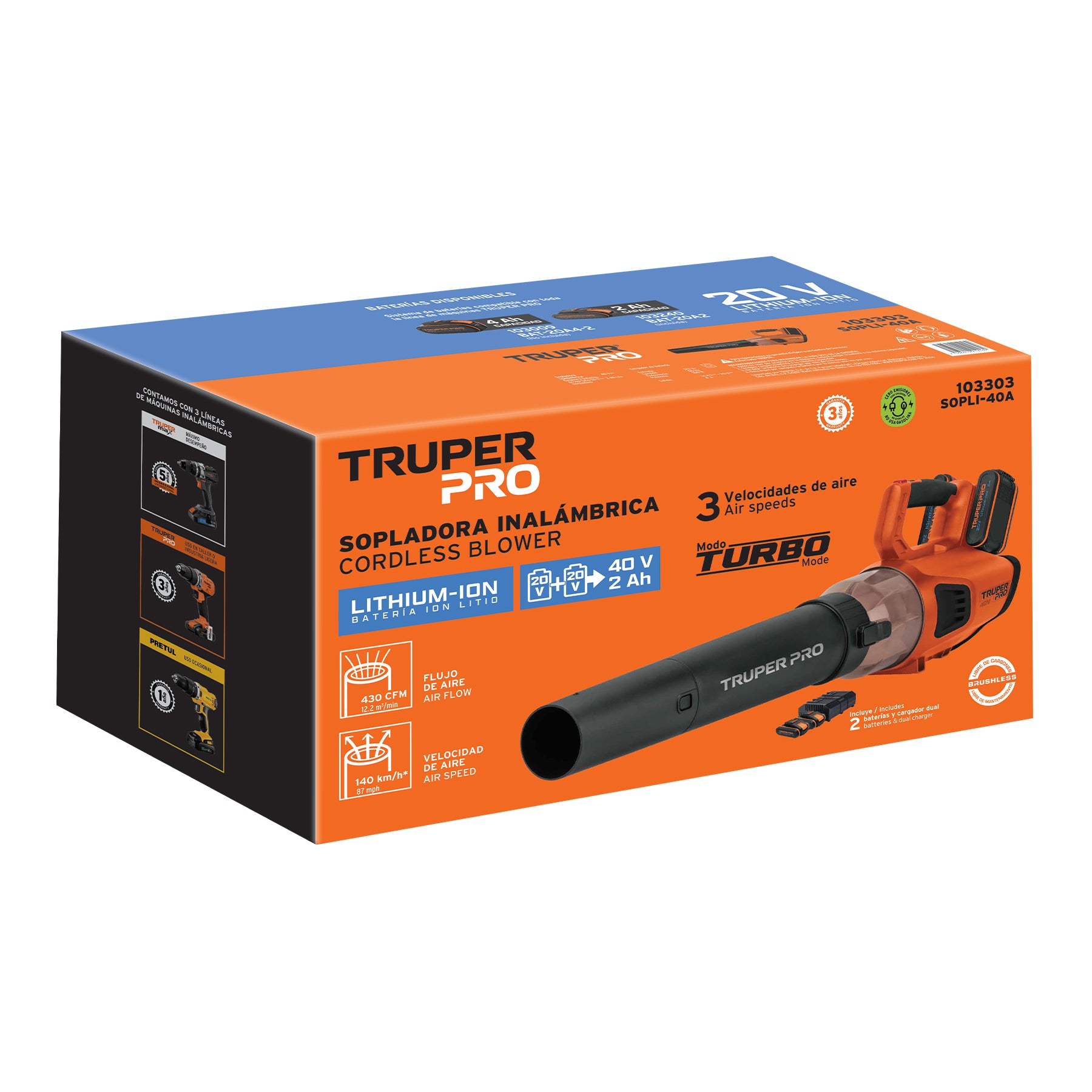 Sopladora inalambrica 40V 2 baterias 2Ah 1 carg.dual PRO