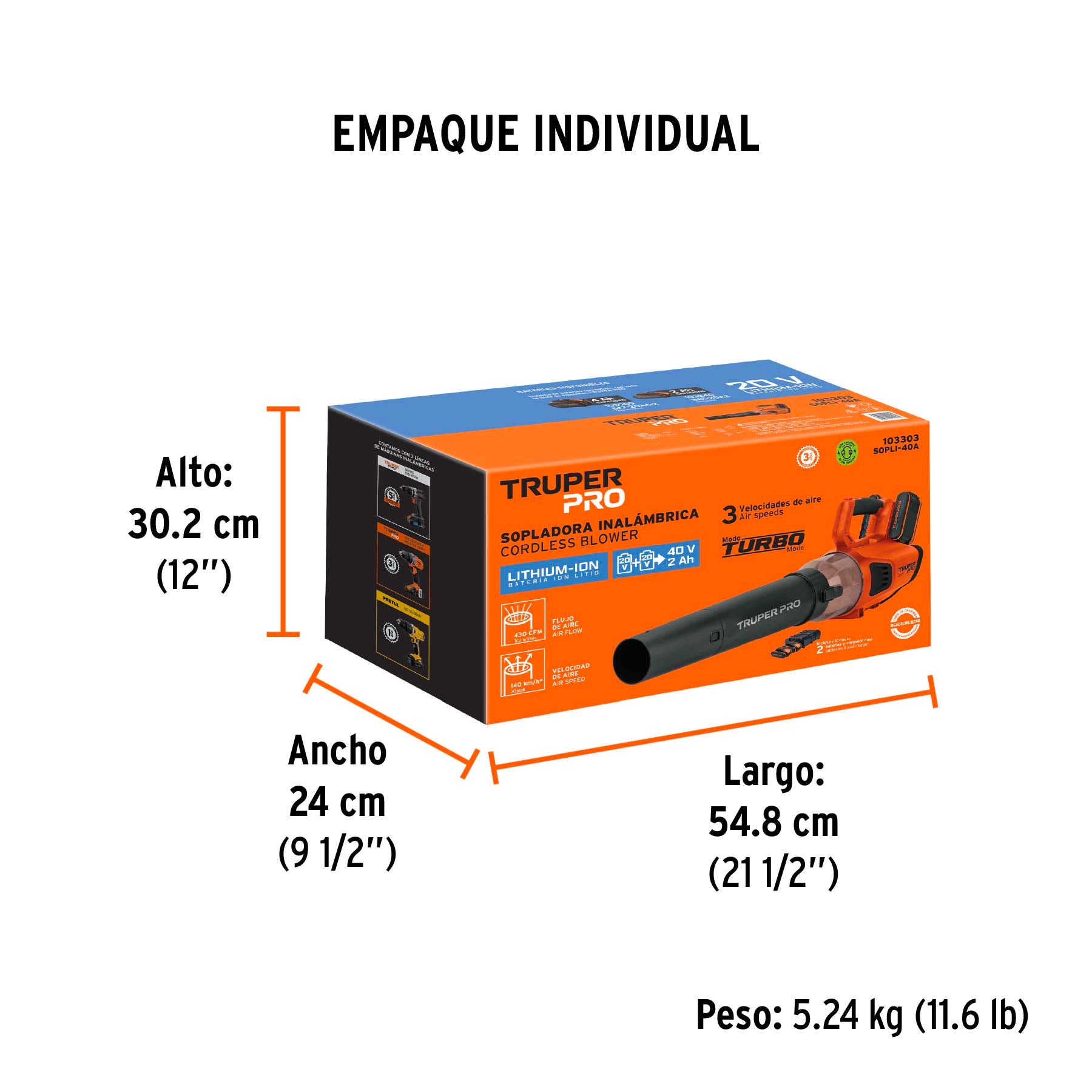 Sopladora inalambrica 40V 2 baterias 2Ah 1 carg.dual PRO