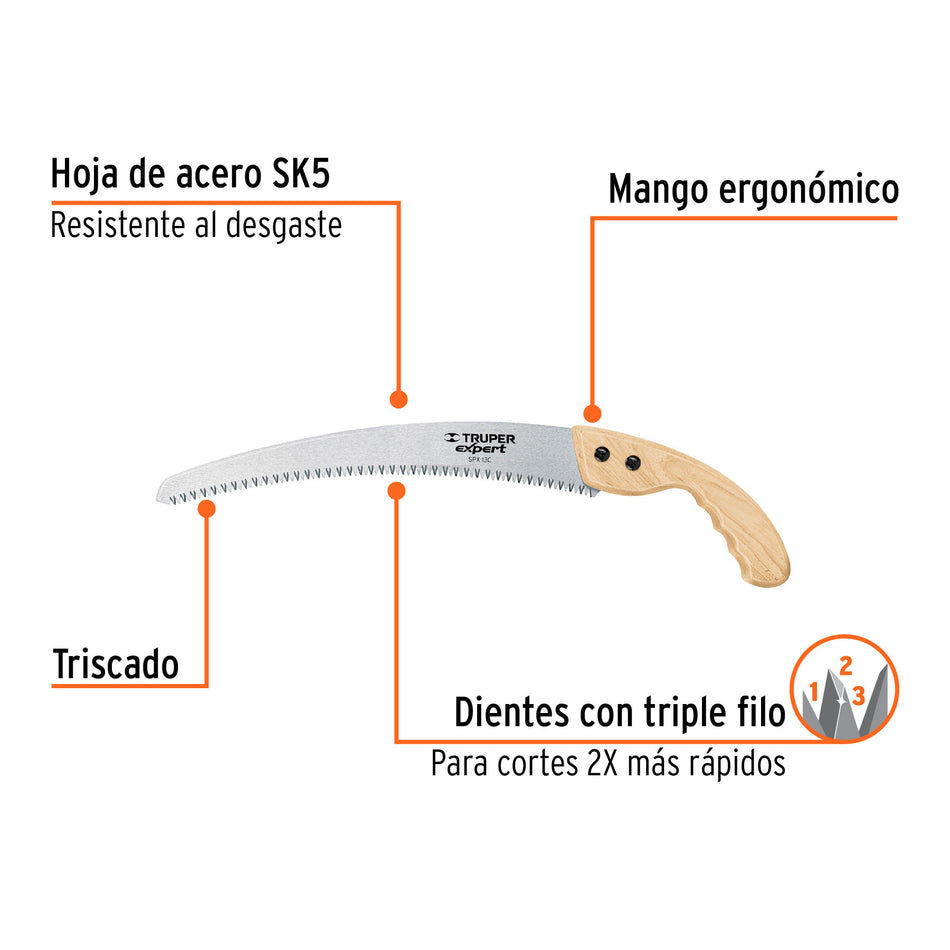 Serrucho de poda 13',hoja recta,7 DPP, mango madera, EXPERT
