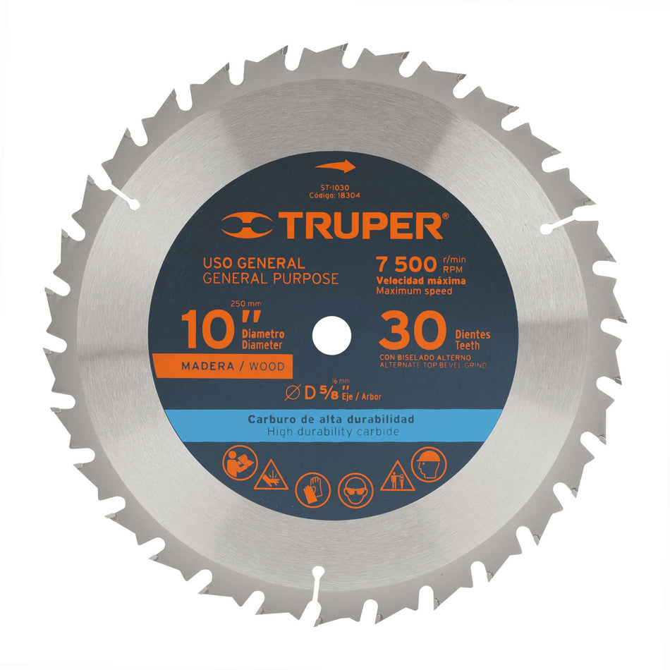 Disco sierra 10" para madera 30 dientes centro 5/8" Truper