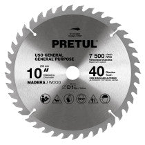 Disco sierra 10" para madera 40 dientes centro 1" Pretul