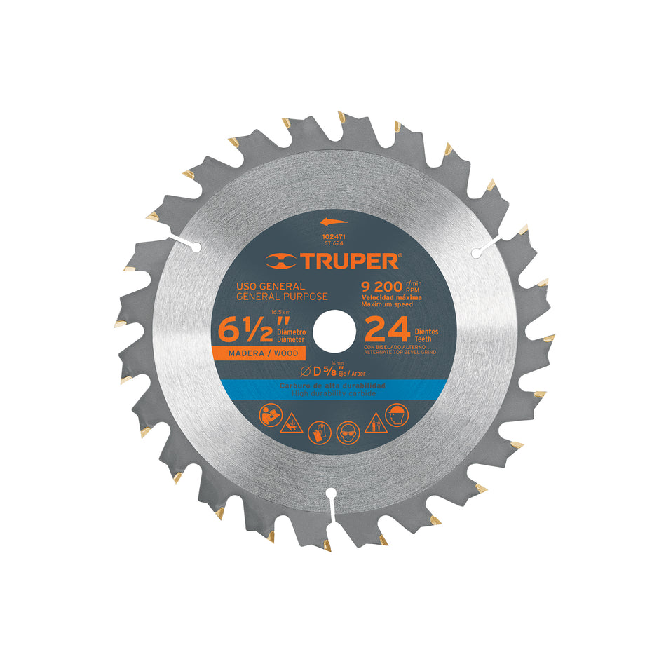 Disco sierra 6-1/2" p/madera 24 dientes con centro 5/8"