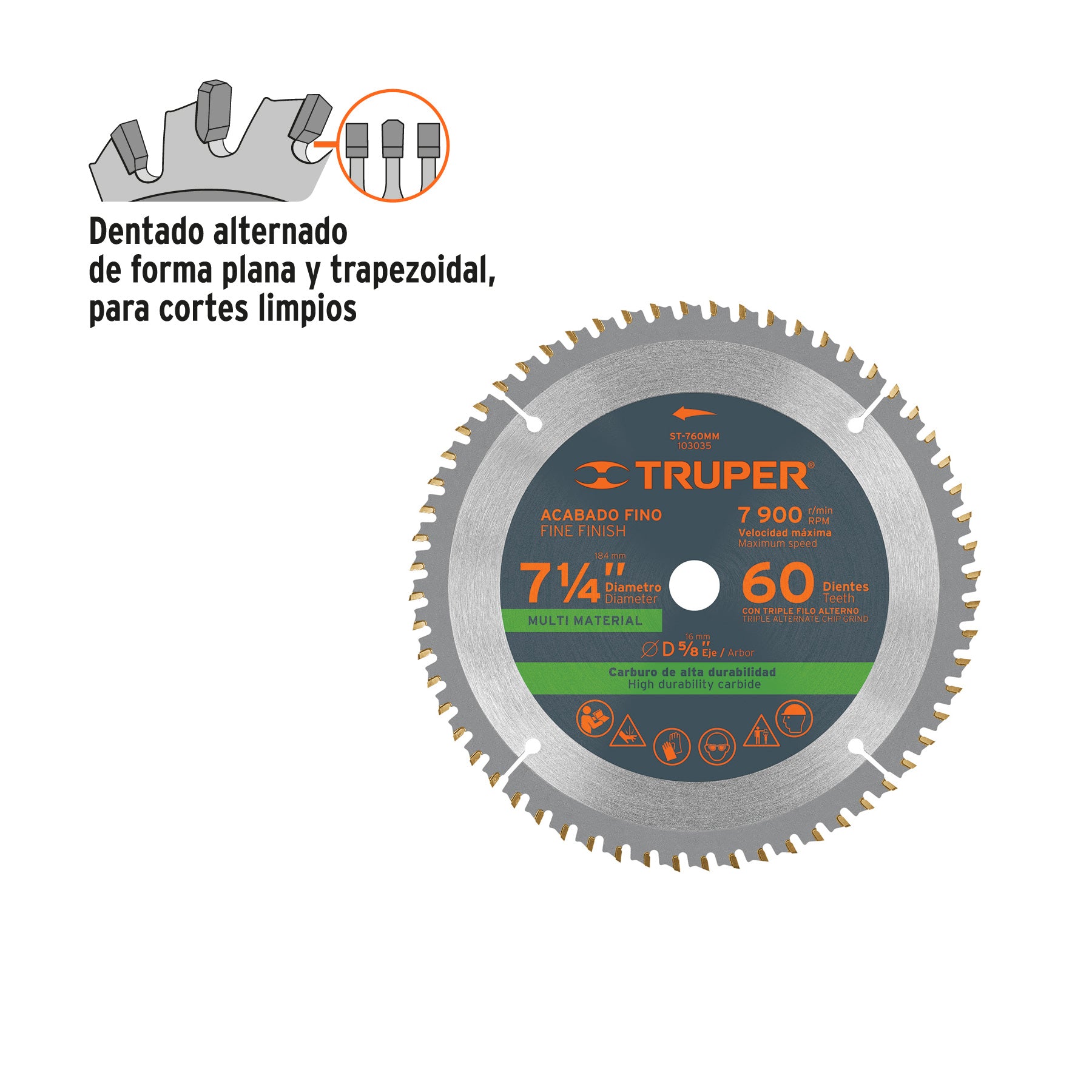 Disco sierra 7-1/4" multimaterial 60 dientes centro 5/8"