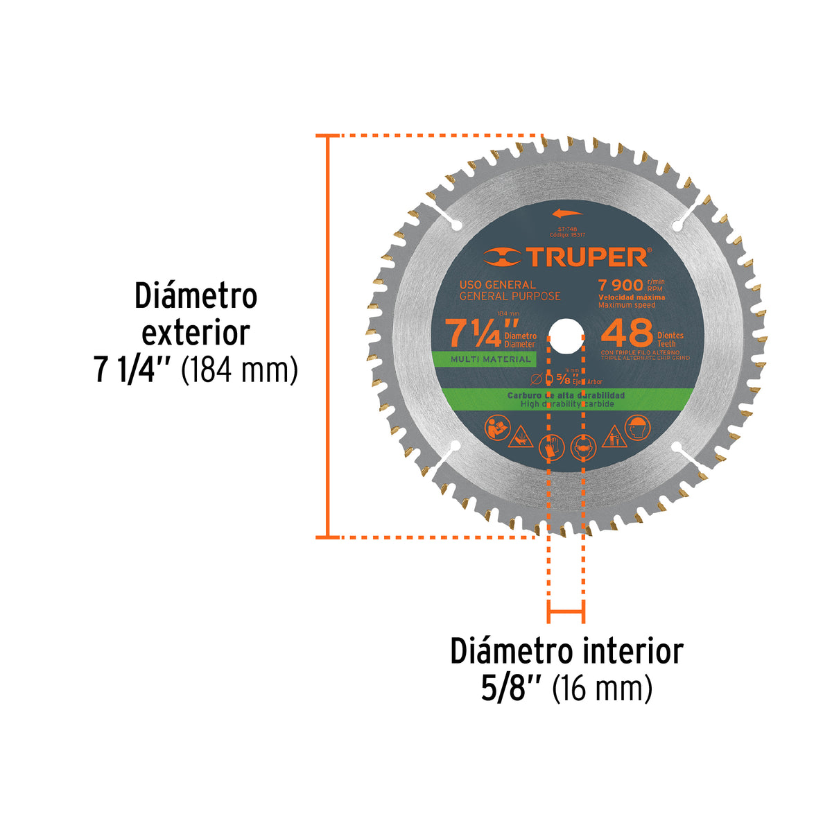 Disco sierra 7-1/4" multimaterial 60 dientes centro 5/8"